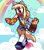 Size: 2094x2358 | Tagged: safe, artist:spritecranbirdie, derpy hooves, human, g4, bag, blonde hair, blonde tail, bubble, clothes, cloud, female, humanized, open mouth, open smile, rainbow, shoes, shorts, smiling, solo, tail