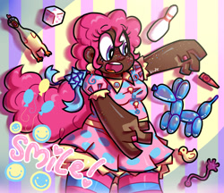 Size: 2613x2256 | Tagged: safe, artist:spritecranbirdie, pinkie pie, human, g4, :o, abstract background, balloon, balloon animal, cube, dark skin, humanized, open mouth, solo