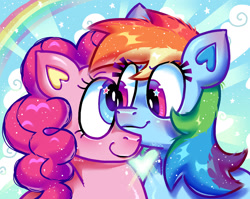 Size: 1685x1344 | Tagged: safe, artist:spritecranbirdie, pinkie pie, rainbow dash, earth pony, pegasus, pony, g4, cloud, cute, dashabetes, diapinkes, duo, duo female, female, happy, lesbian, looking at each other, looking at someone, mare, rainbow, ship:pinkiedash, shipping, smiling