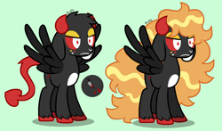 Size: 3000x1767 | Tagged: safe, artist:spritecranbirdie, demon, goat, pegasus, pony, black coat, long hair, red sclera, simple background, solo, teal background, white eyes