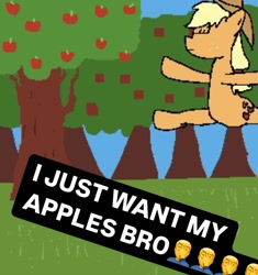 Size: 828x879 | Tagged: safe, artist:peapchhh, applejack, earth pony, pony, g4, grass, i just want my fries bro, leaping, meme, needs more jpeg, ponified meme, solo, tree