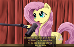 Size: 2293x1445 | Tagged: safe, artist:lillslim, fluttershy, pegasus, pony, g4, alex jones, curtains, dialogue, digital art, digital painting, drawthread, female, folded wings, mare, meme, microphone, open mouth, podcast, ponified, ponified meme, requested art, shiny eyes, solo, subtitles, wings