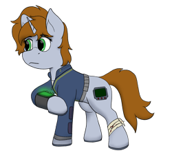 Size: 1557x1401 | Tagged: safe, artist:rusty kettle, oc, oc only, oc:littlepip, unicorn, fallout equestria, bandage, clothes, fallout, female, green eyes, horn, jumpsuit, pipbuck, simple background, solo, transparent background, vault suit