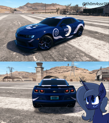 Size: 956x1080 | Tagged: safe, artist:kiwipone, artist:snowy starshine, oc, oc:midnight music, pony, unicorn, airfield, car, horn, looking up, mountain, mountain range, need for speed, sky