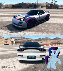 Size: 954x1078 | Tagged: safe, artist:pootanger_sfm, artist:snowy starshine, oc, oc:maple cake, earth pony, pony, airfield, car, grin, looking at you, mountain, mountain range, need for speed, raised hoof, sky, smiling