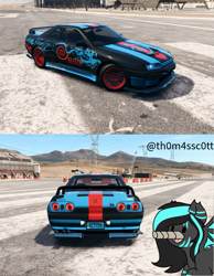 Size: 751x966 | Tagged: safe, artist:noxi1_48, artist:snowy starshine, oc, oc:glitch, bat pony, pony, airfield, car, mountain, mountain range, need for speed, open mouth, sky