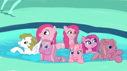 Size: 1920x1080 | Tagged: safe, artist:jbond, pinkie pie, pinkie pie (g3), surprise, earth pony, pegasus, pony, g1, g3, g3.5, g4, g4.5, g5, my little pony: pony life, my little pony: tell your tale, newborn cuties, adoraberry, adoraprise, baby pie (g3), bubble berry, cute, diapinkes, female, g3 diapinkes, generational ponidox, group, male, mare, mirror pool, multeity, newborn, rule 63, self paradox, self ponidox, septet, show accurate, stallion, swimming, too much pink energy is dangerous, wet, wet mane