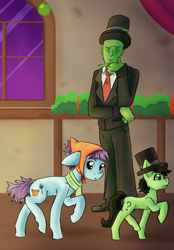 Size: 1008x1448 | Tagged: safe, artist:destiny_manticor, sooty sweeps, oc, oc:anon, oc:filly anon, earth pony, human, pony, g4, background pony, chimney sweep, clothes, commission, eyebrows, female, filly, floppy ears, foal, hand on chin, handkerchief, hat, human male, looking around, looking at someone, male, mare, necktie, question mark, raised eyebrow, shoes, smiling, suit, top hat, trio, walking