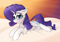 Size: 2128x1472 | Tagged: safe, artist:raritymylove, rarity, pony, g4, chest fluff, cloud, ear fluff, floppy ears, looking at you, lying down, open mouth, open smile, prone, smiling, smiling at you, solo, sunset