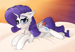 Size: 2128x1472 | Tagged: safe, alternate version, artist:raritymylove, rarity, alicorn, pony, g4, alicornified, chest fluff, cloud, ear fluff, floppy ears, looking at you, lying down, open mouth, open smile, prone, race swap, raricorn, smiling, smiling at you, solo, sunset