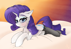 Size: 2128x1472 | Tagged: safe, artist:raritymylove, rarity, pony, g4, bedroom eyes, blushing, chest fluff, clothes, cloud, ear fluff, floppy ears, looking at you, lying down, smiling, smiling at you, socks, solo, sunset, thigh highs