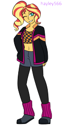 Size: 1332x2740 | Tagged: safe, artist:hayley566, sunset shimmer, equestria girls, g4, 80s, 80s hair, alternate hairstyle, belly, belly button, boots, clothes, commission, female, grin, jacket, leather, leather jacket, leg warmers, midriff, one eye closed, shoes, short shirt, shorts, simple background, smiling, solo, sports bra, stockings, thigh highs, transparent background, wink