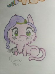 Size: 3016x4032 | Tagged: safe, artist:tom artista, pipp petals, cat, g5, animal, animal in mlp form, camera, camera flashes, catified, drawing, female, solo, species swap, traditional art