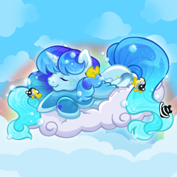 Size: 2400x2400 | Tagged: safe, artist:sparkytopia, oc, oc only, oc:seaglass paradise, alicorn, fish, pony, g3, bangs, blue coat, bubble, cloud, crossed hooves, eyes closed, female, gradient mane, mare, rainbow, signature, sky, sleeping, smiling, solo, ych result