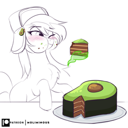 Size: 2100x2100 | Tagged: safe, artist:clubvixen, oc, oc only, oc:cher nobyl, earth pony, pony, avocado, cake, eating, female, food, herbivore, mare, simple background, solo, white background