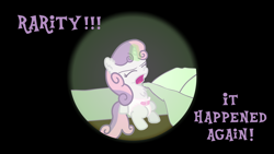 Size: 1920x1080 | Tagged: safe, artist:snowflakepone, sweetie belle, pony, unicorn, g4, aura, bed, bedwetting, dark background, diaper, diaper fetish, eyes closed, fetish, glowing, glowing horn, horn, magic, night, open mouth, pissing, screaming, sitting, text, urine, wetting, yelling