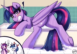 Size: 2500x1750 | Tagged: safe, artist:shadowreindeer, princess cadance, shining armor, twilight sparkle, alicorn, pony, unicorn, g4, bathroom, bathtub, blush lines, blushing, butt, dock, embarrassed, exclamation point, eye clipping through hair, eyebrows, featureless crotch, female, folded wings, frog (hoof), frown, glare, gritted teeth, head lump, horn, looking at you, looking back, looking back at you, male, mare, plot, question mark, raised eyebrow, stallion, startled, tail, teeth, twibutt, twilight sparkle (alicorn), unamused, underhoof, we don't normally wear clothes, wet, wings