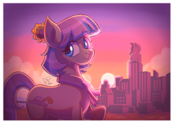 Size: 2880x2061 | Tagged: safe, artist:bkiltersot, coco pommel, earth pony, pony, g4, blue eyes, city, cityscape, eyebrows, eyebrows visible through hair, female, high res, looking at you, manehattan, mare, passepartout, scenery, solo, sunset