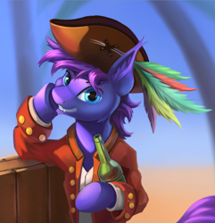 Size: 2515x2611 | Tagged: safe, artist:foxpit, oc, oc only, oc:wolf herbst, earth pony, pony, blue eyes, bottle, cute, hat, looking at you, male, outdoors, pirate, pirate costume, pirate hat, purple mane, smiling, smiling at you, solo, talk like a pirate day, teeth