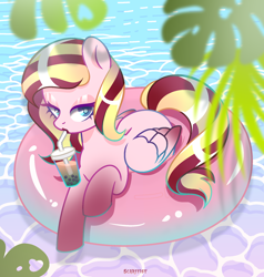 Size: 1800x1890 | Tagged: safe, artist:scarffist, oc, oc only, oc:cherry kisses, pegasus, pony, commission, drink, drinking, drinking straw, inner tube, makeup, pool toy, relaxing, solo, swimming pool, ych result