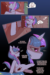 Size: 960x1440 | Tagged: safe, artist:cold-blooded-twilight, pinkie pie, twilight sparkle, pony, unicorn, cold blooded twilight, comic:cold storm, g4, ..., bed, comic, dialogue, eyebrows, eyes closed, female, lidded eyes, looking back, mare, on bed, onomatopoeia, open mouth, pomf, question mark, raised eyebrow, sitting on bed, solo, speech bubble, thought bubble, unicorn twilight