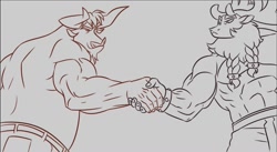 Size: 1228x675 | Tagged: safe, artist:lucinedreams, stronghoof hoofstrong (tfh), texas (tfh), anthro, them's fightin' herds, alex louis armstrong, anime reference, chris sabat, community related, fullmetal alchemist, male, manly as fuck, sig curtis, voice actor joke