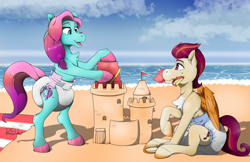 Size: 2382x1547 | Tagged: safe, artist:padded_red_dragon, jazz hooves, rocky riff, earth pony, pegasus, pony, g5, beach, beach towel, bipedal, diaper, diaper fetish, duo, female, fetish, male, mare, mouth hold, non-baby in diaper, ocean, poofy diaper, sandcastle, sitting, stallion, unshorn fetlocks, water