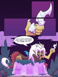 Size: 3600x4800 | Tagged: safe, artist:amendokat, part of a set, discord, g4, g5, season 10, broken horn, comic, flower, fridge horror, horn, implied changeling, implied chrysalis, implied cozy glow, implied lord tirek, lying down, not what it looks like, old man discord, rose, severed horn, statue, what if