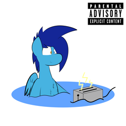 Size: 3000x3000 | Tagged: safe, artist:japkozjad, oc, oc only, oc:apply, pegasus, cover art, heterochromia, parental advisory, pegasus oc, simple background, solo, sparkles, this will end in death, this will not end well, toaster, water, white background