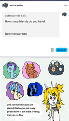 Size: 1169x2050 | Tagged: safe, artist:ask-luciavampire, nightmare moon, oc, oc:scarlet evening, pony, g4, ask, followers, speech bubble, tumblr, tumblr:ask-rosesociety-vampires