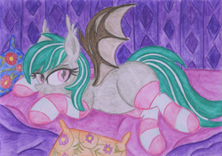 Size: 1157x812 | Tagged: safe, artist:rainbowšpekgs, oc, oc only, oc:malachite cluster, bat pony, pony, g4, :p, bat pony oc, bat wings, bed, blanket, clothes, colored pencil drawing, cute, looking at you, lying, lying down, male, missing cutie mark, no cutie marks because im lazy, on bed, pillow, socks, solo, spread wings, stallion, striped socks, tongue out, traditional art, watercolor painting, watercolor pencil drawing, wings