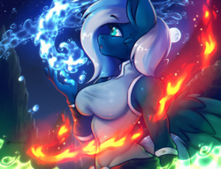 Size: 2600x2000 | Tagged: safe, artist:shad0w-galaxy, oc, oc only, oc:vivid tone, pegasus, anthro, big breasts, breasts, cheek fluff, chromatic aberration, clothes, earth magic, female, fire magic, high res, magic, mare, moon, night, open mouth, patreon, patreon reward, solo, spell, tree, water magic