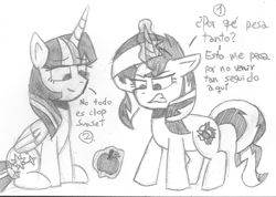 Size: 1661x1184 | Tagged: safe, artist:rosa ushiromiya, sunset shimmer, twilight sparkle, pony, unicorn, g4, duo, duo female, female, glowing, glowing horn, horn, monochrome, sitting, spanish, traditional art