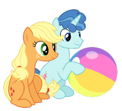 Size: 413x379 | Tagged: safe, edit, vector edit, applejack, party favor, earth pony, pony, unicorn, g4, ball, crack shipping, duo, duo male and female, female, horn, male, mare, missing accessory, partyjack, shipping, simple background, sitting, sitting together, stallion, straight, transparent background, vector