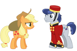 Size: 1000x660 | Tagged: safe, edit, vector edit, applejack, welcome inn, earth pony, pony, g4, bag, bellhop pony, crack shipping, duo, duo male and female, female, hat, male, mare, ship:appleinn, shipping, simple background, stallion, straight, transparent background, vector