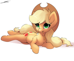 Size: 3000x2500 | Tagged: safe, artist:skitsroom, applejack, earth pony, pony, g4, applejack's hat, chest fluff, cowboy hat, cute, female, freckles, hat, jackabetes, lying down, mare, simple background, solo, straw in mouth, underhoof, white background