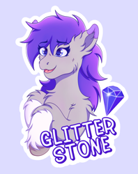 Size: 1963x2474 | Tagged: safe, artist:autumnsfur, oc, oc only, oc:glitter stone, earth pony, pony, artwork, badge, blue background, blue eyes, blushing, bust, coat markings, con badge, diamond, diamond cutie mark, digital art, ear fluff, eyelashes, eyeshadow, female, fluffy, gray coat, gray fur, grey fur, happy, high res, long hair, long mane, looking up, makeup, mare, name, open mouth, outline, ponysona, portrait, purple ears, purple eyes, purple hair, purple mane, raised hoof, remake, simple background, socks (coat markings), solo, text, white outline