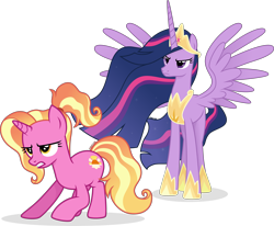 Size: 4859x4001 | Tagged: safe, artist:cirillaq, luster dawn, twilight sparkle, alicorn, pony, unicorn, g4, crown, duo, duo female, ethereal mane, ethereal tail, female, height difference, hoof shoes, horn, jewelry, mare, older, older twilight, older twilight sparkle (alicorn), peytral, physique difference, princess shoes, princess twilight 2.0, regalia, simple background, slender, sparkly mane, sparkly tail, spread wings, tail, tall, thin, transparent background, twilight sparkle (alicorn), vector, wings