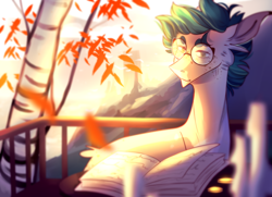 Size: 1800x1300 | Tagged: safe, artist:riressa, oc, oc only, oc:erbis, earth pony, pony, book, glasses, leaves, male, solo, stallion, tree