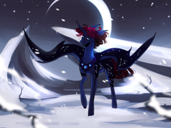 Size: 2000x1500 | Tagged: safe, artist:riressa, oc, oc only, pony, galaxy wings, horn, male, moon, outdoors, snow, snowfall, solo, stallion