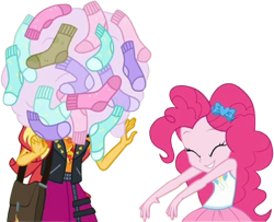 Size: 3106x2520 | Tagged: safe, edit, edited screencap, editor:mrtoonlover83, screencap, pinkie pie, sunset shimmer, human, equestria girls, g4, background removed, clothes, duo, duo female, female, not a vector, simple background, socks, transparent background