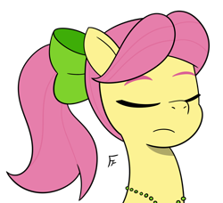 Size: 2480x2266 | Tagged: safe, artist:frownfactory, posey bloom, earth pony, pony, g5, bow, bust, eyes closed, female, frown, hair bow, jewelry, mare, necklace, ponytail, simple background, solo, transparent background