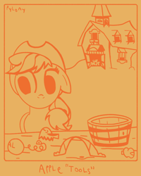 Size: 1600x2000 | Tagged: safe, artist:pylony, applejack, big macintosh, braeburn, earth pony, g4, applecest, barn, bucket, cousin incest, cousins, cow tools, embarrassed, female, gay, hat, hill, incest, limited palette, male, meme, no mouth, ship:braemac, shipping, silhouette, sweet apple acres, table, the far side