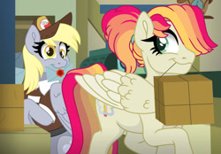 Size: 1280x891 | Tagged: safe, artist:liv-and-b-merry, derpy hooves, oc, oc:faith everlasting, pegasus, pony, g4, clothes, duo, duo female, envelope, female, hair over one eye, hat, letter, looking at each other, looking at someone, looking back, mailmare, mailmare hat, mailmare uniform, mare, mouth hold, package, ponytail, post office, smiling, smiling at each other, uniform, wax seal, ych example, your character here