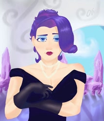 Size: 736x858 | Tagged: safe, artist:oli_polil, rarity, human, equestria girls, g4, alternate hairstyle, breasts, clothes, dress, eyeshadow, fanart, female, gloves, humanized, jewelry, lipstick, makeup, necklace, solo