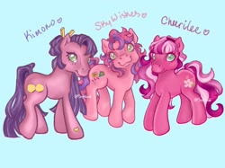 Size: 2048x1535 | Tagged: safe, artist:the-morphiend, cheerilee (g3), kimono, skywishes, earth pony, pony, g3, female, heart, heart mark, light blue background, looking at you, mare, signature, simple background, smiling, smiling at you, tail, trio, trio female