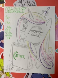 Size: 1536x2048 | Tagged: safe, artist:andy price, princess cadance, oc, oc:bay breeze, oc:kimono silk, oc:pixie, oc:swift apex, alicorn, pony, g4, bag, female, gold digger, mare, shopping bag, solo, sticker, traditional art