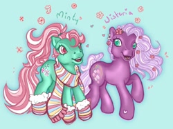 Size: 2048x1535 | Tagged: safe, artist:the-morphiend, minty, wysteria, earth pony, pony, g3, clothes, duo, duo female, female, flower, flower in hair, heart, heart mark, mare, open mouth, open smile, ponytail, raised hoof, scarf, signature, smiling, socks, striped scarf, striped socks, tail