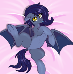 Size: 2590x2600 | Tagged: safe, artist:marbatra, oc, oc only, oc:lyric nightfall, bat pony, pony, bat pony oc, bed, belly, belly button, blue tongue, butt, chest fluff, dock, ear fluff, fangs, featureless crotch, female, frog (hoof), looking at you, lying down, mare, on back, on bed, plot, solo, spread legs, spreading, tail, tongue out, underhoof, wings