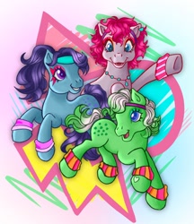 Size: 1766x2048 | Tagged: safe, artist:the-morphiend, blue belle (g5), minty (g5), snuzzle (g5), earth pony, pony, g3, g5, bridlewoodstock, dreamlands, female, g5 to g3, generation leap, headband, heart, heart mark, jewelry, mare, necklace, open mouth, open smile, smiling, tail, trio, trio female, wristband